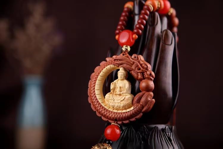 Miniatura 6 de Dije de Buda de protección para coche, suerte y bendición, seguridad y salud, Kwan Yin, GuanYin y dragón, madera de durazno, año nuevo chino