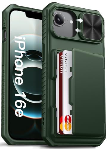 Image of Vihibii for iPhone 16e Back Cover Wallet with Card Holder (4 Cards) [RFID Blocking] & Slide Camera Cover, Military Grade Drop Protection, Rugged Back & Silicone Edge Case for 16e 2025 6.1 inch, Green