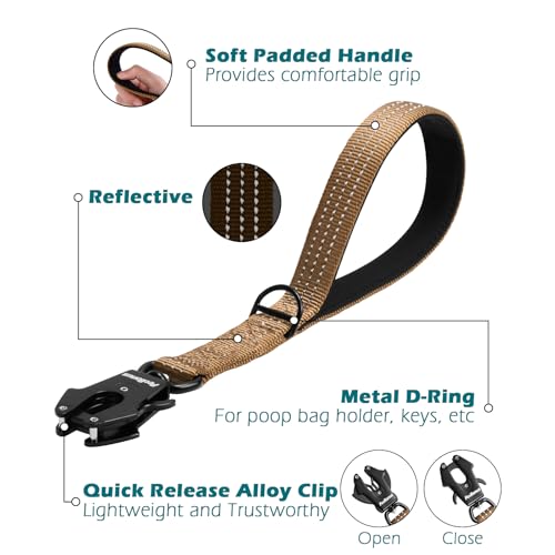 PetBonus Robuste Kurze Hundeleine 30cm, Nylon Kurzführer mit Schnellverschluss, gepolstertem Griff, Reflektierende Trainingsleine für große mittlere Hunde (Braun)