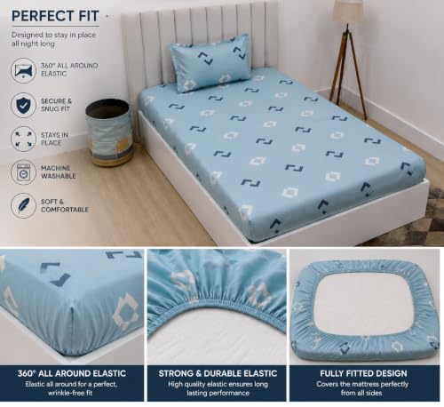 Image of RD TREND Presents Luxurious Glace Cotton Super Soft 210 TC 360 Elastic Fitted Bedsheets Single Bed Size (72 x 48 x 8 Inch) with 1 Pillow Cover Size (28 x18), Color- Aqua Tringle
