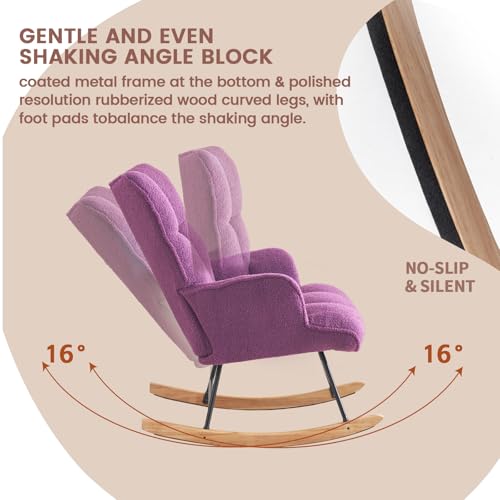 Image of SAETSFEG Rocking Chair Nursery Teddy Upholstered Glider Rocker Rocking Accent Chair Padded Seat with High Backrest Armchair Comfy Side Chair for Living Room Bedroom Offices (Purple Teddy)