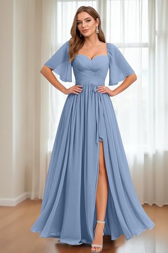 A Line Chiffon Bridesmaid Dresses for Women Pleated Flutter Sleeve Long Formal Evening Gowns with Slit4