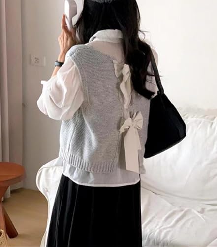 Image of Women's Back Tie Bow Knit Sweater Vest Casual Tops Y2K Sleeveless Crew Neck Knit Vest