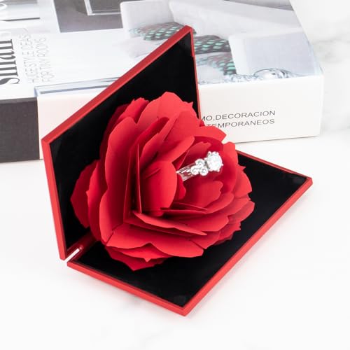 Image of wonuu Engagement Ring Box,Ring Rose Box Surprise Jewelry Storage Holder for Woman as Proposal Engagement Wedding Ring Jewelry Gift Case in Valentine's Day ect. (Rhombus Shaped-Red)