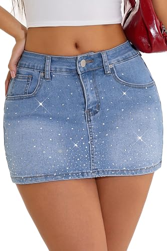 GUANYY Womens Sparkly Denim Mini Skort Rhinestone Stretchy Cute Y2K Jean Skirt with Shorts Underneath Light Blue X-Small