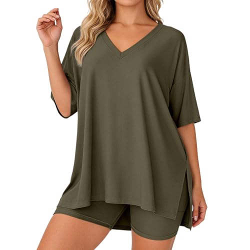 Generisch Pantalones cortos casuales de verano, corte holgado, camiseta de manga corta de color sólido, traje de dos piezas, ropa de calle cómoda, Verde militar., 4XL