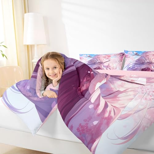 Image of Erosebridal Japanese Style Girl Comforter Set, Cartoon Anime Girl Bedding Japanese Cherry Blossoms Bed Comforter Set, Romance Room Decor, Cartoon Kawaii Girly Bedding Sets King Size 3 Pieces