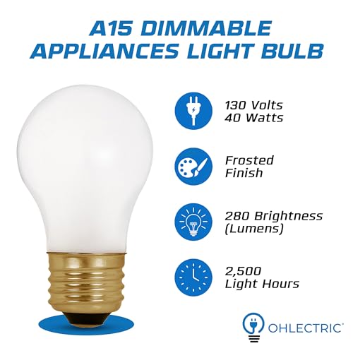 OHLECTRIC A15 Incandescent Bulbs 40 Watt (8-Pack) Appliance Bulb, Frosted Light Bulbs, Dimmable Bulb, 2700k Warm White, E26 Medium Base, 2500 Hours, 280 lumens, 130 Volts - Pack of 8 Bulbs
