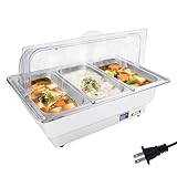 Savorix ビュッフェサーバー 13.5L チェーフィングディッシュ 30-90℃温度調節 電子温度表示 両開き透明カバー 業務用 ホテル レストラン 食堂 パーティー (角型3連)