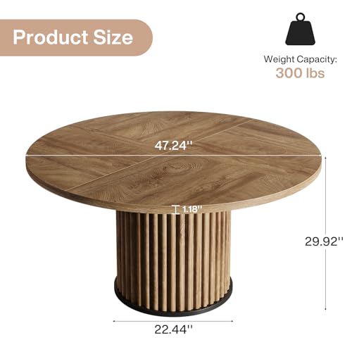 Image of Tribesigns 47.24-Inch Brown Round Dining Table for 4-6 People, Modern Fluted MDF + Metal Base Kitchen Table, Sturdy Circle Dining Room Furniture, Brown