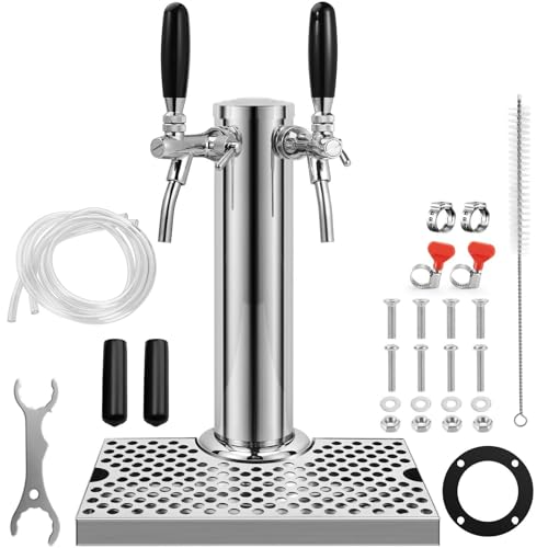 Image of Chciyich Kegerator Tower Kit, Adjustable Dual Tap Kegerator Tower Beer Tap Tower 3’’ Beer Tower Dispenser with Stainless Steel Beer Drip Tray, Kegerator Tap Tower Kit Keep Clean for Bar & Countertop