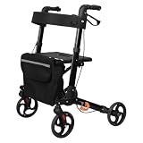 feneihe Rollator faltbar und leicht mit Sitz & Rückenlehne – Stabiler Walker Gehhilfe für Senioren (bis 158kg) 8 Zoll Räder Outdoor schmal Wohnung, Inkl. Becherhalter Einkaufstrolley Schwarz