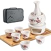 LOUTYTUO Keramische Sake Set met warme pot van bamboe, kookplaat, veilig keramiek, Hot Saki drink, 10 stuks, inclusief warmteschaal, set van 6 kopjes + opbergbox