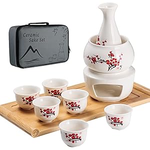 LOUTYTUO Keramische Sake Set met warme pot van bamboe, kookplaat, veilig keramiek, Hot Saki drink, 10 stuks, inclusief warmteschaal, set van 6 kopjes + opbergbox