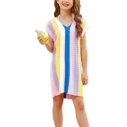 CHILDRENSTAR Girls Knit Swimsuit Cover ups Summer Beach Bathing Suit Coverups Colorblock V Neck Cami Dresses for Kids