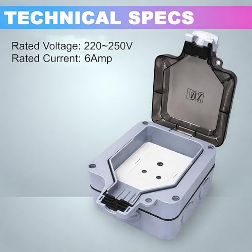 Image of MX Waterproof 3-Pin Indian Socket 6A 250V Outdoor Power Socket Box IP66 Single Weatherproof Electric Outlet for Garden, Patio, Balcony, Home, Hotel