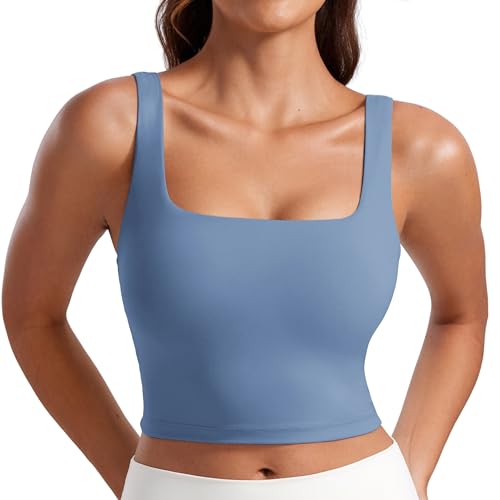 CRZ YOGA Women's Butterluxe Square Neck Sports Bra Padded Wireless Crop Top Gym Workout Tank Tops Camisole with Built in Bra Oasis Blue 14