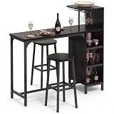 Xbro Bartisch mit Barhocker Set, Industrieller Bartisch mit Weinregal, Gläserhalter und 6 Flaschenhalter, Platzsparender Barschrank mit Seitenablagen, MDF & Metall, 120 × 40 × 120 cm, Schwarz