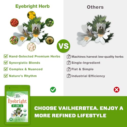 Image of VailHerbTea Eye Health Eyebright Herb Tea Bags - 50 Count, Handcraft Herbal Tea for Vision & Eye Fatigue Support, Natural Formula w /Goji Berries Chrysanthemum - Caffeine-Free, Mild Taste Tea.