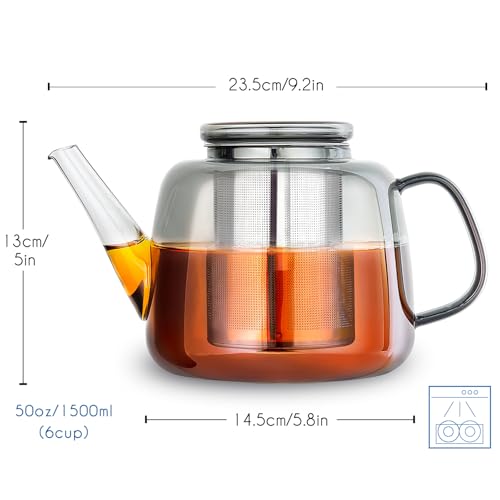 Easyworkz Borosilicate Glass Teapot 50oz with Large Stainless Steel Removable Loose Tea Infuser for Fruit Herbal and Infusion, Smoke Grey - Image 4