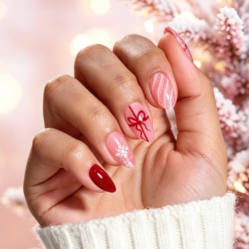 Image of Beetles Christmas Press On Nails with Glue, 32 PCS Short Almond