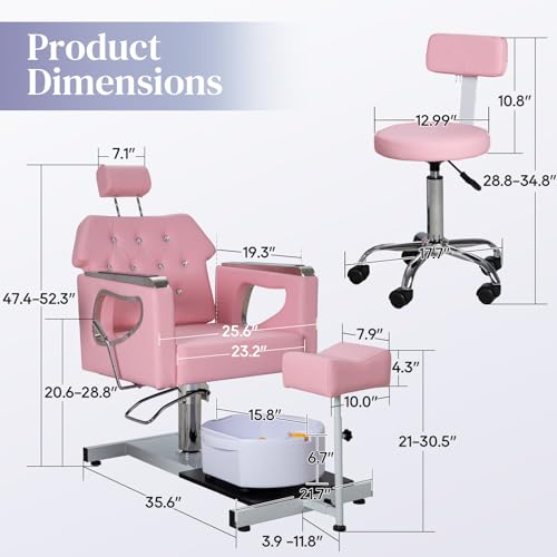 FHFO Pedicure Chair No Plumbing, 360° Swivel Hydraulic Adjustable Reclining Station with Massage Foot Bath & Footrest for Nail Tech, Spa, Salon (Pink)