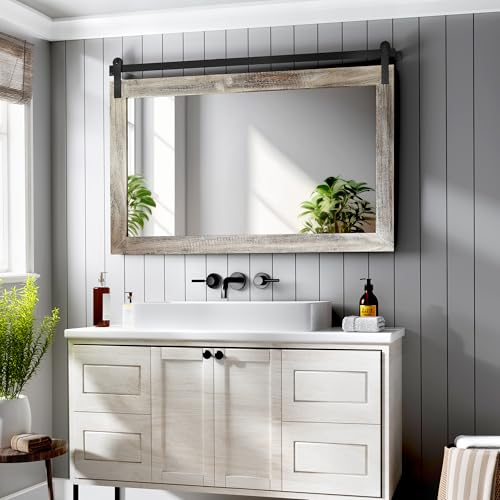 Image of COGOOD Farmhouse Barn Door Mirror - 41 inch x 26 inch Rustic Wood Framed Wall Mirror for Bathroom, Living Room, Entryway Wall Decor (Yellow White)