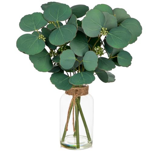 Artificial Eucalyptus Stems Fake Plants in Glass Vase with Faux Water
