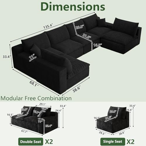 Image of 136 inch Cloud Couch Modular Sectional Sofa for Living Room, U-Shape Boneless Couch with Deep Seat, Modern Corduroy 6-Seater, No Assembly Required, Black