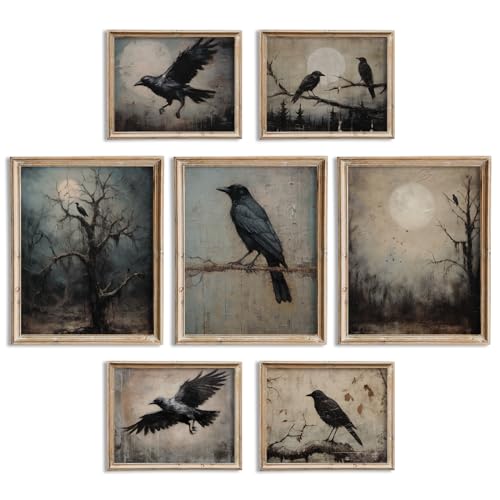 JarThenaAMCS 7Pcs Halloween Wall Art Prints Vintage Gothic Black Crow