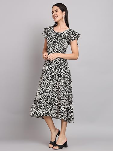 Image of Dream Beauty Fashion Women's Polyester Printed A-line Round Neck Bell Sleeve Knee-Long Dress (Elora-Dress-01)