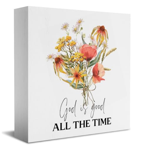 HTBIG Christian Home Decor, Easter Bible Verse God is Good all The Time Wooden Sign, Easter Desk Decorations, Farmhouse Home Shelf Desk Decor 5.1 x 5.1 Inches