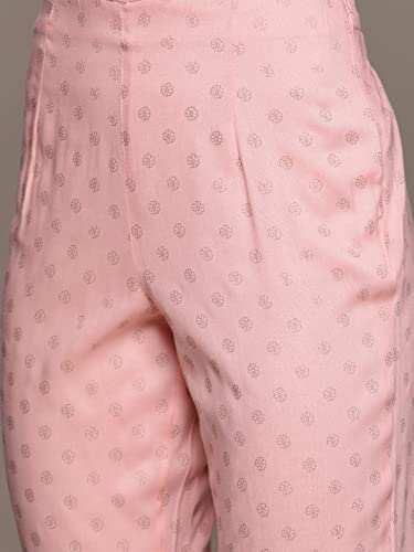 Image of anubhutee Women's Rayon Peach Gota Patti work Floral Embroidered A-Line Kurta Suit Set with Pants