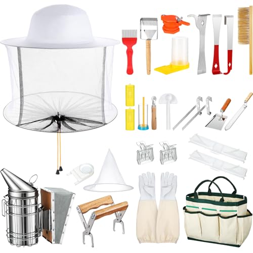 Leriton 28 Pcs Beekeeping Supplies Bee Hives Starter Kit Beekeeping Tools and Honey Equipment, Bee Smoker Kit for Beginners and Professionals Supplies