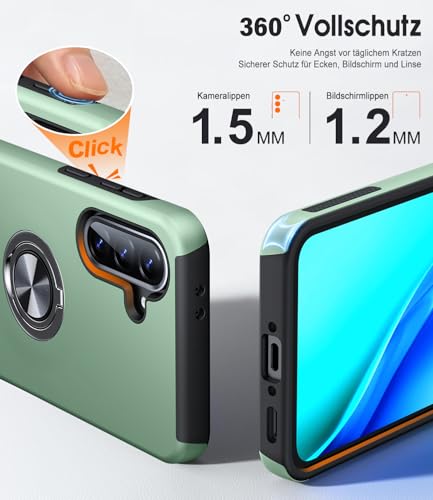 AOUIA für Samsung Galaxy A56 5G Hülle mit 2 Stück Panzerglas, Militärischer Stoßschutz Samsung A56 5G Hülle mit 360° Drehbarer Ring Kickstand Handyhülle für Samsung A56 5G, Alpengrün 6