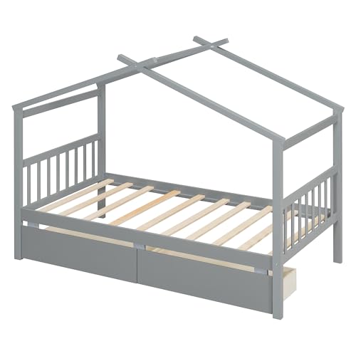 Image of Twin Size House Platform Bed with Roof and 2 Drawers, Solid Wood House Daybed Frame with Headboard and Slat Support for Kids Teens Girls Boys Bedroom, Can Be Decorated (Gray-03, Twin)