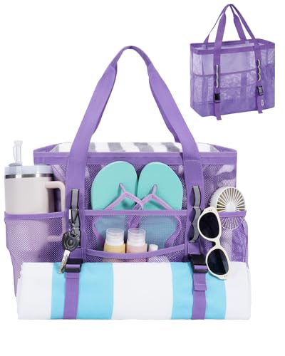WANDF Mesh Beach Bag for Women Large Beach Tote Bags with 40oz Tumbler Side Pockets Family Pool Bag for Swim Toys Towels Cruise Vacation Essentials (Purple)