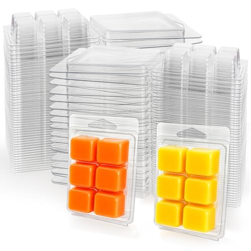 Jucoan 100 Pack Plastic Wax Melt Clamshell Mold 6 Cavity Square Clear Wax Melt Molds Containers for DIY Wax Melt Candle Soap Craft Wedding Party Favor