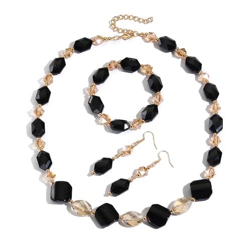 Bocar Crystal Beaded Collar Necklace Earrings Bracelet Jewelry Set, Handmade Fashion Jewelry Necklace for Women(NK-10730-Black+br+er