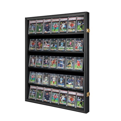 35 Graded Sports Card Display Case - Baseball Card Display Frame with UV Protection Clear View Lockable Wall Cabinet for Basketball Collectible Trading Card Black Finish