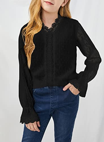 Dokotoo Girls Cute V Neck Ruffle Long Sleeve Princess Shirts Solid Color Lace Crochet Pom Pom Loose Soft Chiffon Boho Blouses For Teen Girl Tunic Tops Size 10-11 Black #TOP1
