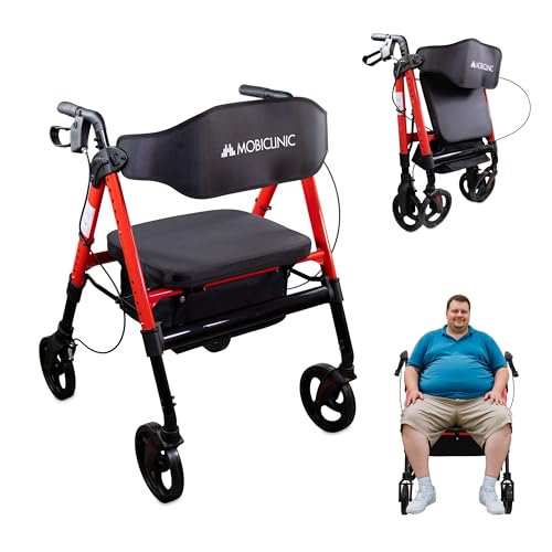 Mobiclinic®, Deambulatore Pieghevole, XXL, Fino a 204 Kg, Extra largo, Manubrio e Sedile Regolabili, Ruote a 360°, Schienale, Cestino XL, Alluminio Rinforzato, Madeira
