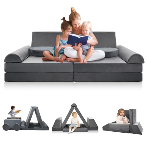 Esazn Kids Couch 10PCS Modular Foam Play Sofa, Grey