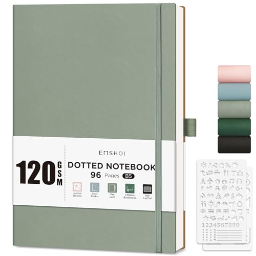 EMSHOI B5 Notebook Dotted Journal - 120gsm Thick Paper, 19.5 x 25.5 cm Large Dot Grid Notebook for Bullet Journaling with 96 Pages, Journal Stencils, Softcover Leather, Inner Pocket, Light Green