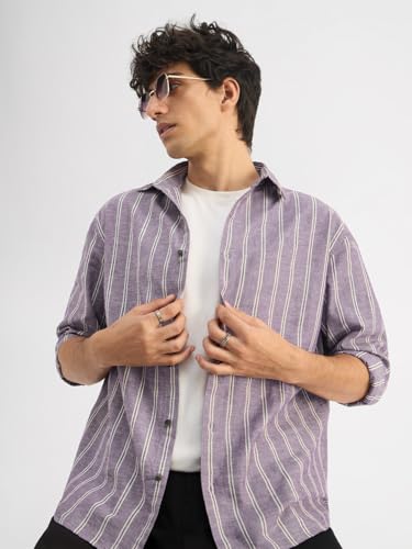 Image of The Souled Store Cotton Linen Stripes: Apricot Men and Boys Long Sleeves Collared Neck Orange Stripes Regular Fit Lightweight Comfortable Summer Cotton Linen Shirts