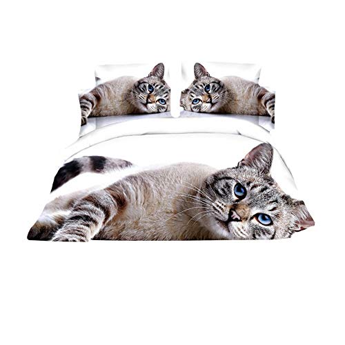 Meliya Parure de lit double avec housse de couette, taie d'oreiller et drap de lit Motif chat 3D
