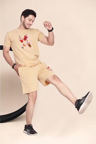 Image of HOODMASTER Men's Cotton Night Suit Set of Top & Knee Length Shorts with Round Neck Half Sleeves Solid Pattern Regular Fit and Standard Length | Mens Cotton Night Suit | T-Shirt and Shorts Sets