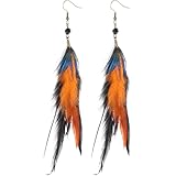 Veemoon Pendientes Colgantes de Plumas Naturales Étnicos para Mujer, Estilo Vintage Cuentas Negras de Cristal, Ligeros y Exóticos, Joyería Bohemia para Ocasiones Obsequios