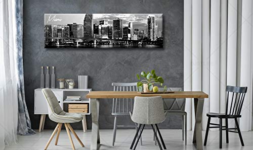 Image of DJSYLIFE Miami Skyline Wall Art Decor Panoramic Cityscape Picture Modern USA City Night View Canvas Prints for Bedroom Office Living Room Decoration Stretched and Framed Ready to Hang 13.8 inchx47.3 inch