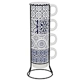 Medallions Blue Ceramic Mug & Rack Set – 4 Cups & Standing Metal Rack for Kitchen Countertop, Tabletop, Island, or Café Display – Perfect Gift for Tea & Coffee Lovers